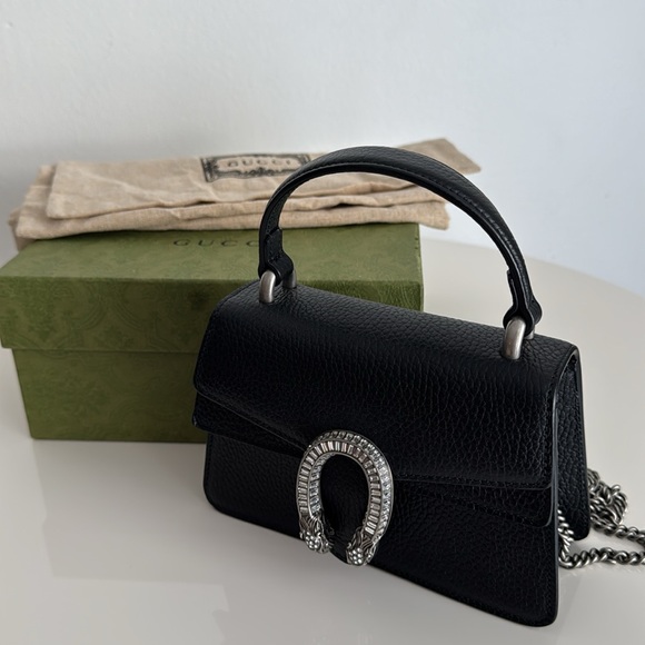 Handbags - Gucci Black Dionysus Leather Top Handle Bag with Chain Strap, Box, Dust Cover